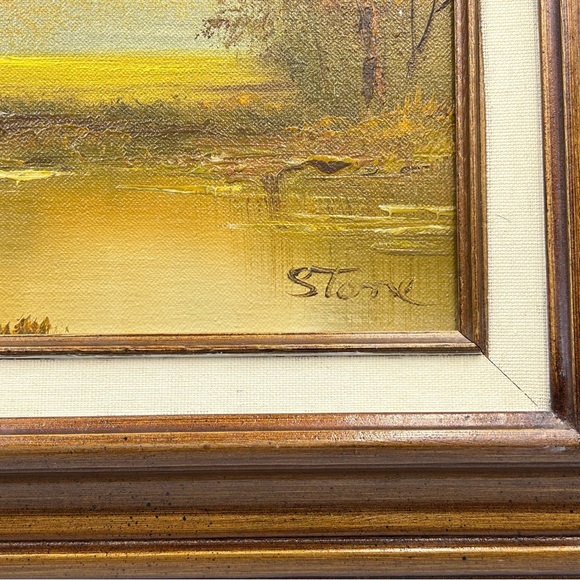 Original Oil Painting Cabin on Pond in Fall Framed Signed by Artist Stone 22x17 - Picture 3 of 9